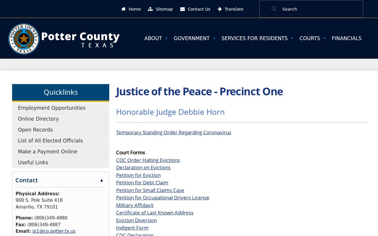 Potter County bench warrant records: JP Precinct 1 contact page