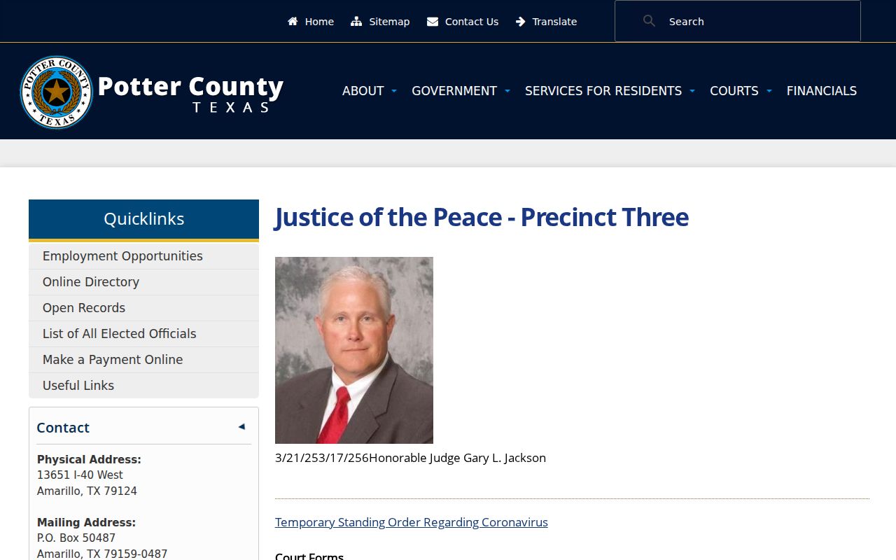 Potter County bench warrant records: JP Precinct 3 contact and location