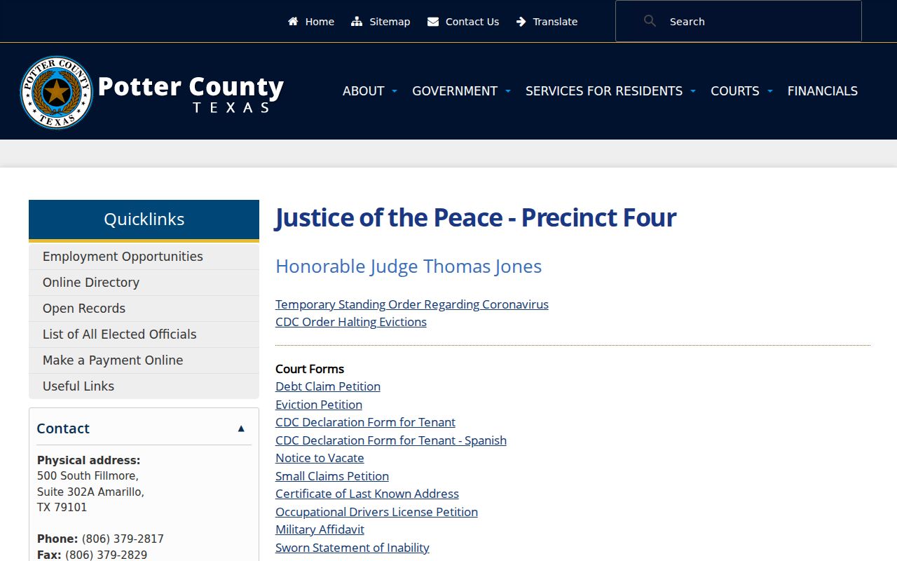 Potter County bench warrant records: JP Precinct 4 contact page