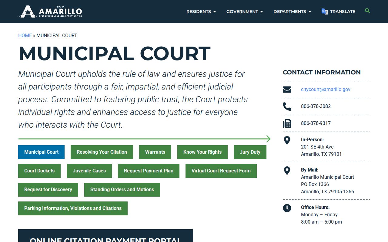 Potter County traffic warrants: Amarillo Municipal Court address and service hours