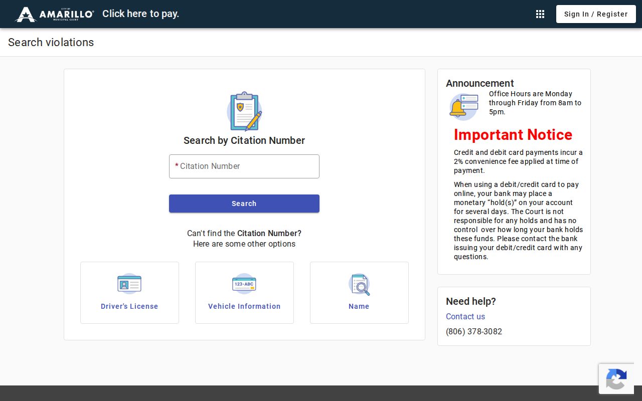 Potter County traffic warrant context: Amarillo municipal citation payment portal