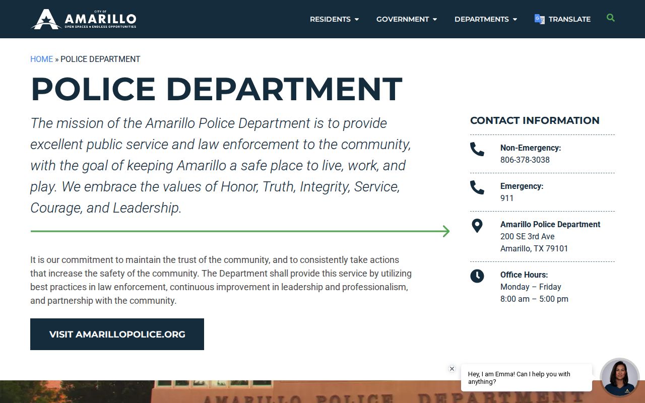 Amarillo Police Department contact information for city warrant questions