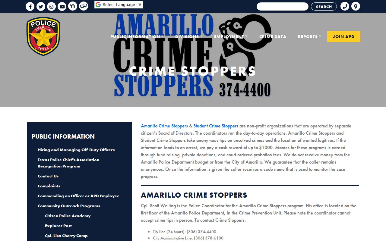 Potter County most-wanted tip context: Amarillo Crime Stoppers anonymous reporting page