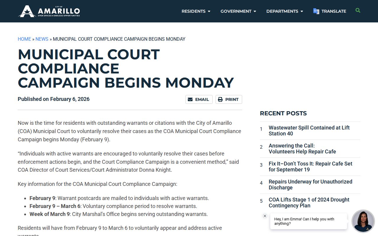 Potter County municipal warrant context: dated Amarillo compliance campaign notice
